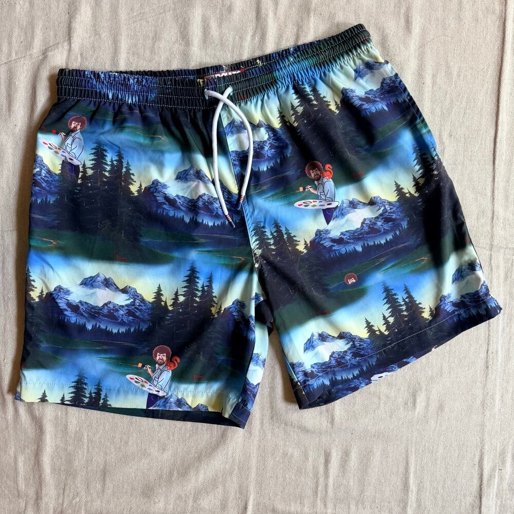RSVLTS X Bob Ross Shorts Men's XL Swim Trunks Happy Little Forest Unlined AOP